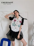 Peter Pan Collar Kawaii Cute Shirts Blouse Women Floral Patch Button Up Lantern Sleeve Shirt Summer Korean