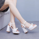 Cm Thick Heel Fish Mouth Waterproof Table Sandals Round Head Square Thick Heel Sandals White Pearl Wedding