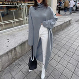 Fashion Turtleneck Split Long Women Sweater 2020 Autumn Winter Knitting Tops Elegant Loose Female Knitted
