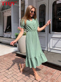 Sexy V-Neck Black Summer Dress Ladies Casual Loose Short Sleeve Midi Dress Elegant Slit Vacation Dresses For Women