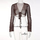 E-girl Aesthetics Bandage Black Mesh Crop Tops Pastel Goth Y2K Deep V-Neck Flare Sleeve Patchwork T-shirts Sexy