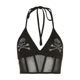 Spring Summer New Women's Solid Color Sexy Fashion Hot Diamond Hanging Neck Mesh