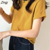 Woman Casual Short-sleeve Striped Ladies Streetwear Trendy Korean Style Simple Daily Summer Ins Retro All-match