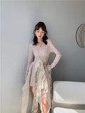 Nude Lace Bodycon Tunics Asymmetrical Dress Women Long Sleeve Ruffle Tight Elegant Dress Designer Spring 2022