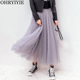 2022 Autumn Winter Vintage Tulle Skirt Women Elastic High Waist Mesh Skirts Long Pleated Tutu Skirt Female Jupe