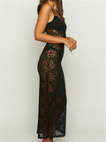 Sexy Women Spaghetti Strap Long Dress Vintage Sleeveless Lace Floral Dress See Through Backless Bikini Cover Ups