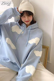 Hooded Tops Korean Y2k Loose Long Sleeve Sudadera Sky Cloud Decoration Harajuku Streetwear Women Sweatshirts