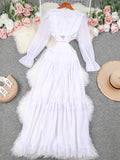 Ruffle Dress For Women 2023 Lace Female Long Sleeves Robe High Waist Beachwear Elegant Deep V Cover up Cut Out