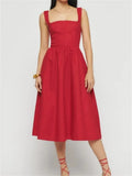 Elegant Women Square Neck Front Buttons Up Sling Dress for Women High Waist A-line Dress Summer Party Female