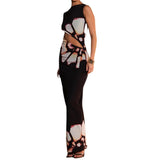 Zingj New Fashion Retro Print Sleeveless Hollow Out Sexy Slim Stitching Dress
