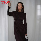 Winter O-Neck Green Women'S Dress Elegant Long Sleeve Bodycon Midi Dresses Female Casual Pleated Dress For New Year