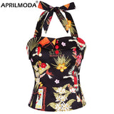Sexy Women Halter Shirts Retro Vintage Floral Printed Sleeveless Retro Vintage Blouse 50s Gothic Hip Hop Casual