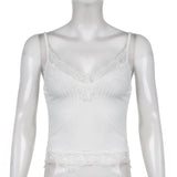 SUCHCUTE Goth Aesthetic Lace Patchwork Tank Tops For Women Sexy V-Neck Brown Retro Crop Tops Summer 90s Fashion Casual