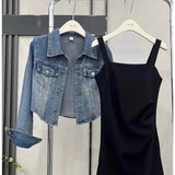 Zingj Cowboy Short Coat Female Spring And Autumn New Korean Version Of The Long Condole Belt Dress With Short Denim Jacket-Outfit