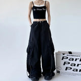 Zingj New Tight High Waist Design Sense Niche Black Cargo Pants Female Loose Casual Fashion Draw Rope Wide Leg