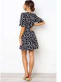Sand Spot Mini Summer Dresses Women V Neck Casual Beach Sundress Sexy Botton Wrap Bodycon Dress