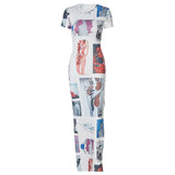 Women Fashion Summer Short Sleeve Printed Bodycon Pencil Split Long Dress 2021 Female Clothing