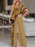 Fashion New Printed Wide Leg Pants Romper Elegant Female Loose Long Office Overall Commute Slash Neck Women Sexy