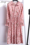 Women Floral Chiffon Dress Autumn Winter Long Sleeve Elastic Waist Bow Collar Casual Elegant Party Office Dresses