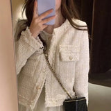 New Fashion Korean Chic Vintage Tweed Woolen Jacket Coat Women Autumn Single Breasted Plaid Tassel Office Lady