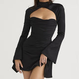 Elegant Dress Women Solid/Floral Print High Neck Cut Out Flared Sleeve Ruched Mini Vestidos High Street Party