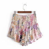 Floral Printed Chic Smocked Women Shorts 2021 Summer New High Waist With Drawstring Casual Wide Leg Retro