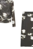 Printed Tulle Skirt Woman High Waist Mesh Skirt Sets Elegant Long Skirts For Women Fashion 2023 Autumn Winter