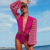 New One Piece Swimsuit Retro Long Sleeve Solid White Swimwear Women Bandage Bathing Suits Strappy Backless Beach