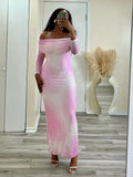 Pink Rhinestone Off-shoulder Maxi Dress- Outfit