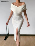 Off Shoulder Midi Dress Women Split Folds With Belt White Elegant Bodycon Sexy Party Chic Christmas New Year