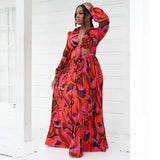Casual Floral Printed Flare Sleeve Tunic Maxi Dress Women Summer Beach Wear Boho Deep V Neck High Slit Party Dresses