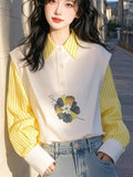 Design Yellow Stripe Splicing Print POLO Collar Shirt Female Senior Sense Light Luxury To Reduce The Age Of The Gas