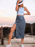 Fashion New Single Breasted Knee Length Denim Skirt Women Streetwear Casual Pocket High Waist Straight Jeans