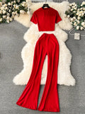 2024 Y2k Women Sets Short Skinny Crop Tops+Long Flare Pants Simple Style Fashion Streetwear Casual Two Pieces