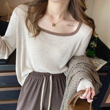 Zingj Versatile Top Retro Square-Neck Long-Sleeve Undershirt With White Loose Sweater Six Wool
