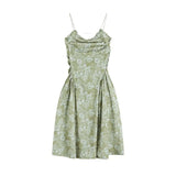 Green Straps Dress Vintage Broken Flowers Folds Sleeveless High Waist French Sexy Fashion Baggy Long Skirt Ladies