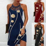 Mini Dress Women Fashion Printed Halter Hollow Out Sleeveless Dresses Elegant Boho Dress Female Beach Party Dress
