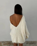 Deep Back V-neck Fuzzy Sweater-Outfit