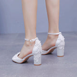 Cm Fish Mouth High-Heeled Sandals Shallow Mouth Lace Flower Large Size Sandals Bride Wedding Silk Satin Cloth Coarse Sandals