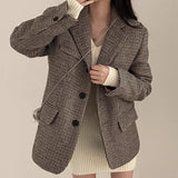 Zingj Chic Autumn Winter Retro Temperament Suit Collar Color Thousand Bird Case Loose Versatile Long Sleeve Wool Short Coat