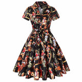 Print Black Pinup Women Cotton Midi Flare Dresses Short Sleeve Knee-Length Floral Print Sundress 50s Swing Party Retro