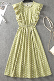 Women Summer Polka Dot Chiffon Dress Short Sleeve Party Sweet Slim A-Line Casual Elastic Waist Elegant Midi Dresses Robe