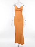Pile Collar Knit Midi Dress Women Chain Halter Backless Sexy Prom Party Sleeveless Summer Bodycon Clubwear Beach