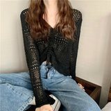 Zingj Out Thin Jacket Summer 2024 New Draw Rope V Collar Short Money Wearing Sunscreen Shirt Sweet Spicy Short Sleeve Knit Women-Outfit