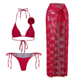 Three-Point Solid-Color Bikini Sexy Strapped Split Swimsuit Women's Three-Piece Set 2025