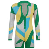 Women Skinny Playsuits Plaid Long Sleeve Button Up Shorts Jumpsuits 2022 Summer Sexy Night Club Party One Piece