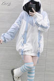 Sudaderas Japanese Preppy Style Loose Zipper Women Bandage Sweatshirts Sweet Harajuku Tops Y2k Blue White