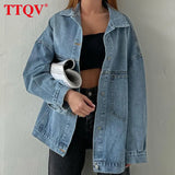 Vintage Washed Blue Cotton Denim Shirts For Women Autumn Wintr Long Sleeve Loose Blouse Casual Lapel Shirt Female