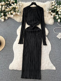 Solid Pleated Long Dress O Neck Full Flare Sleeves HIgh Elastic Female Skinny Fashion Autumn Retro Bodycon Party