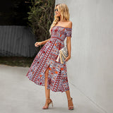 Elegant Floral Print Hem Split Dresses Women Summer Dress 2022 New Boho Holiday Slash Neck Short Sleeve Swing Midi